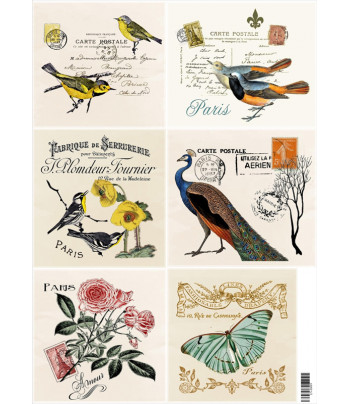 16.8 Декупажная карта(лазерн.печать)29,5х42 "Почтовые карточки. Птицы, бабочки, цветы."