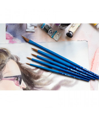 Кисть из волоса коричневой синтетики КРУГЛАЯ ручка кортк.синяя,обойма soft-touch "AQUA blue" Roubloff №4